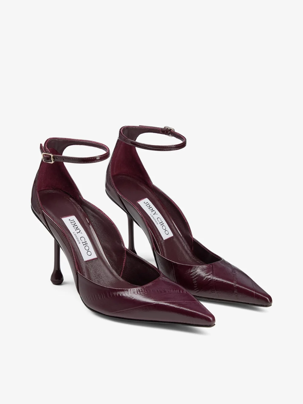 Close-up detail of the Jimmy Choo Quinci 95 Deep Merlot Eel Embossed and Patent Leather Pumps