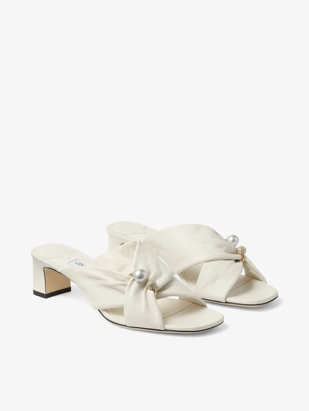 Close-up detail of the Jimmy Choo Rafi 45 Latte Soft Glove Leather Sandals