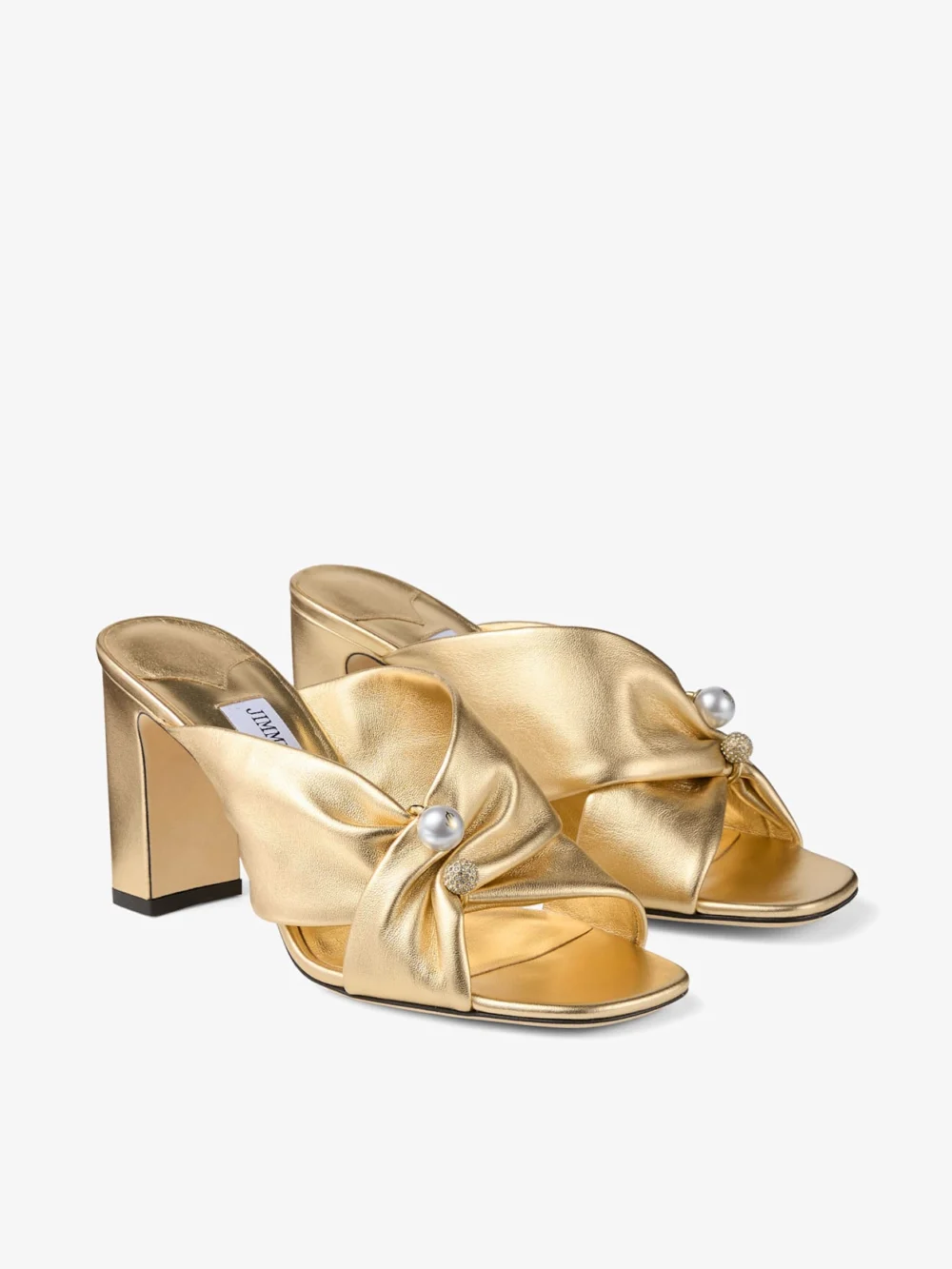 Close-up detail of the Jimmy Choo Rafi 85 Gold Metallic Nappa Leather Sandals