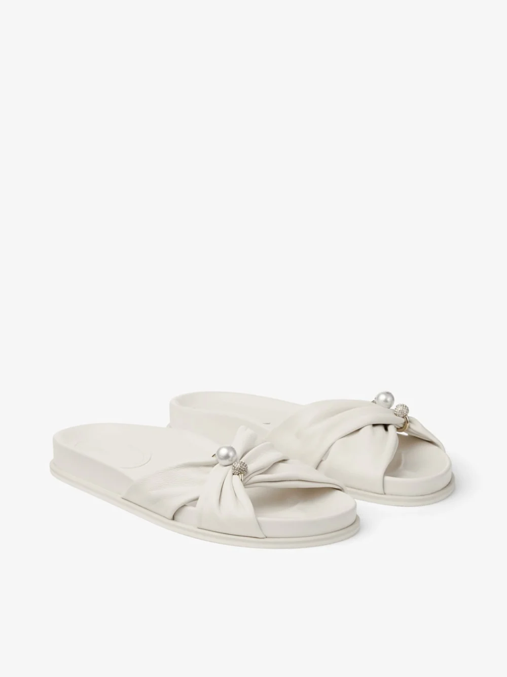 Close-up detail of the Jimmy Choo Rafi Flat Latte Soft Glove Leather Flat Sandals