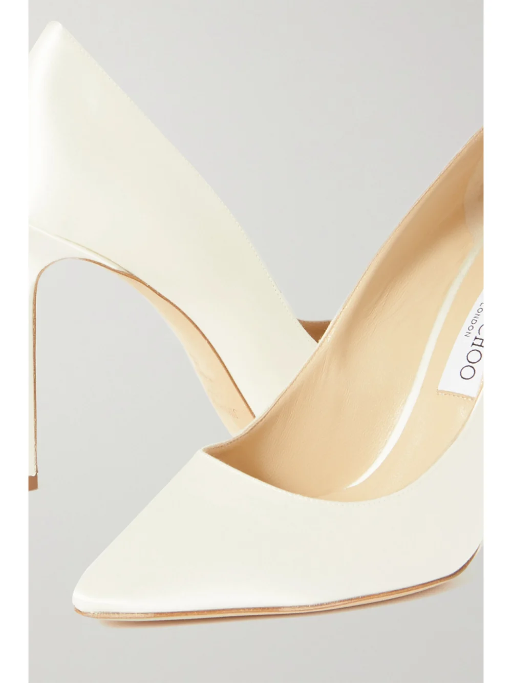 Close-up detail of the Jimmy Choo Romy 100 Satin Pumps