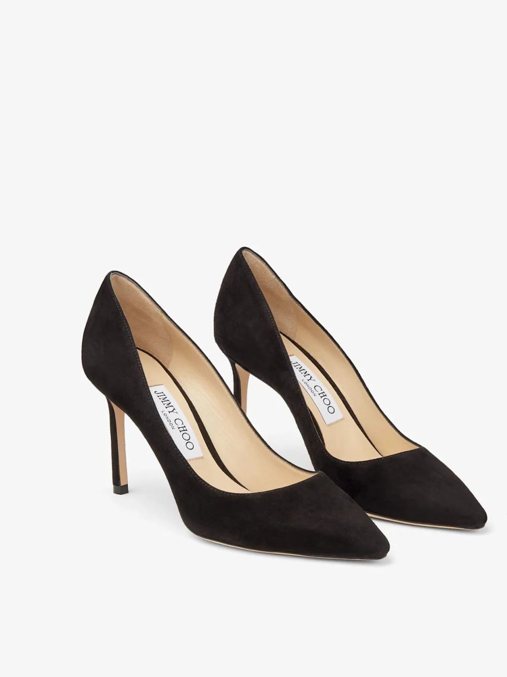 Side view of the Jimmy Choo Romy 85 Black Suede Pointed Pumps