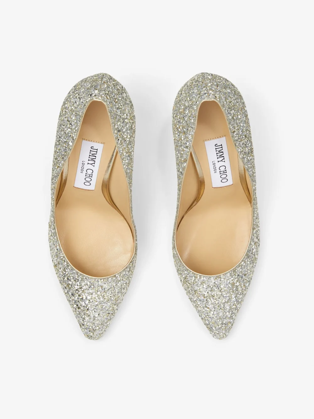 Back view of the Jimmy Choo Romy 85 Champagne Coarse Glitter Fabric Pointy Toe Pumps
