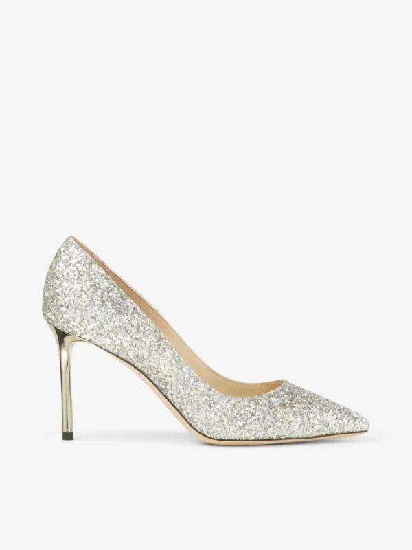 Jimmy Choo Romy 85 Champagne Coarse Glitter Fabric Pointy Toe Pumps