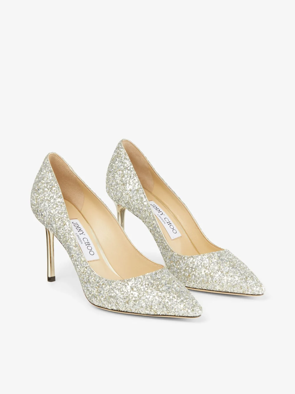 Side view of the Jimmy Choo Romy 85 Champagne Coarse Glitter Fabric Pointy Toe Pumps