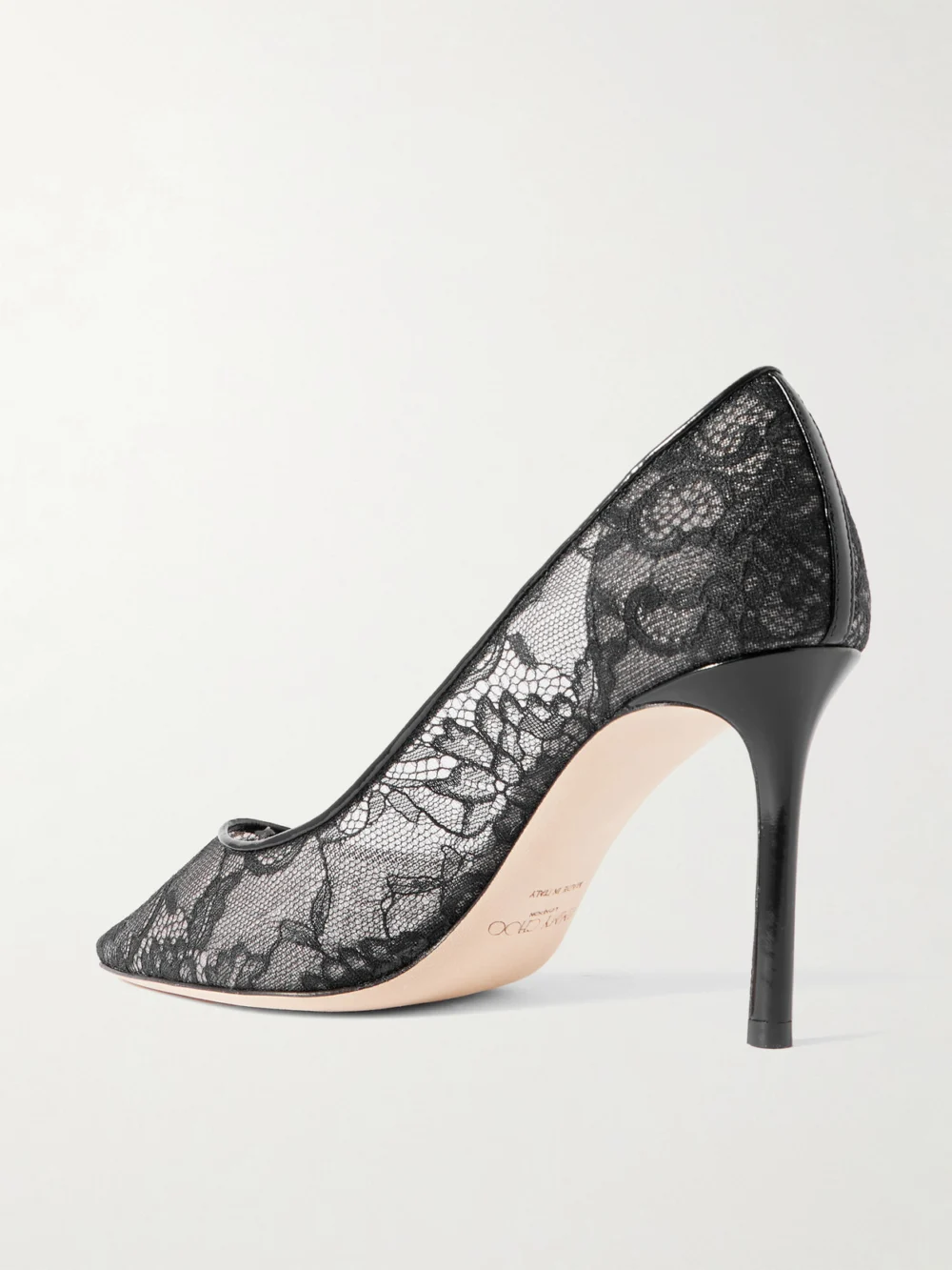 Back view of the Jimmy Choo Romy 85 Leather-trimmed Lace Pumps
