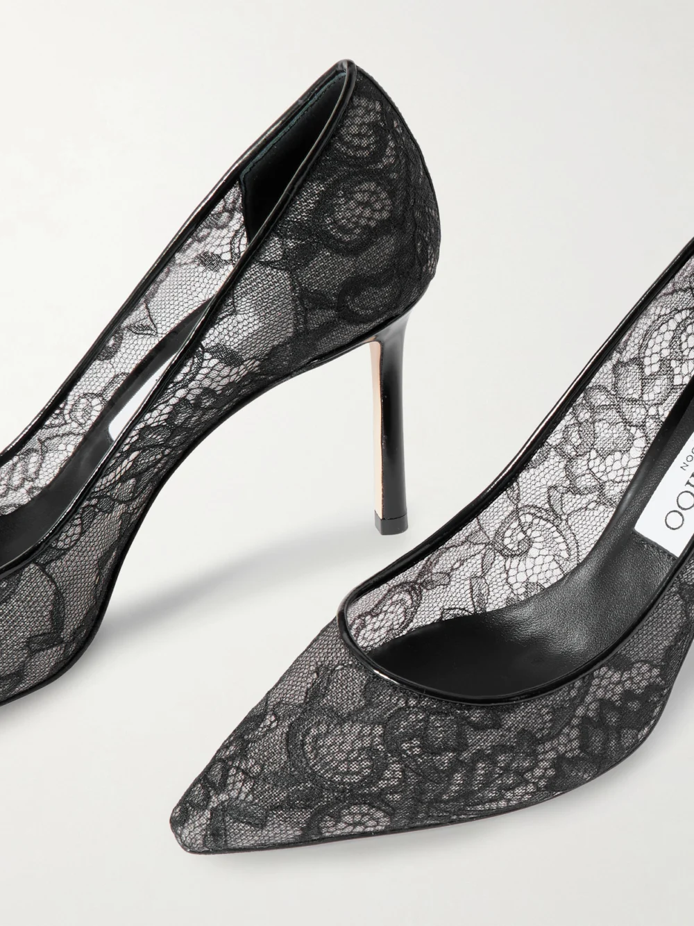 Close-up detail of the Jimmy Choo Romy 85 Leather-trimmed Lace Pumps