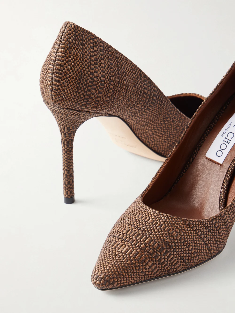 Close-up detail of the Jimmy Choo Romy 85 Raffia Pumps