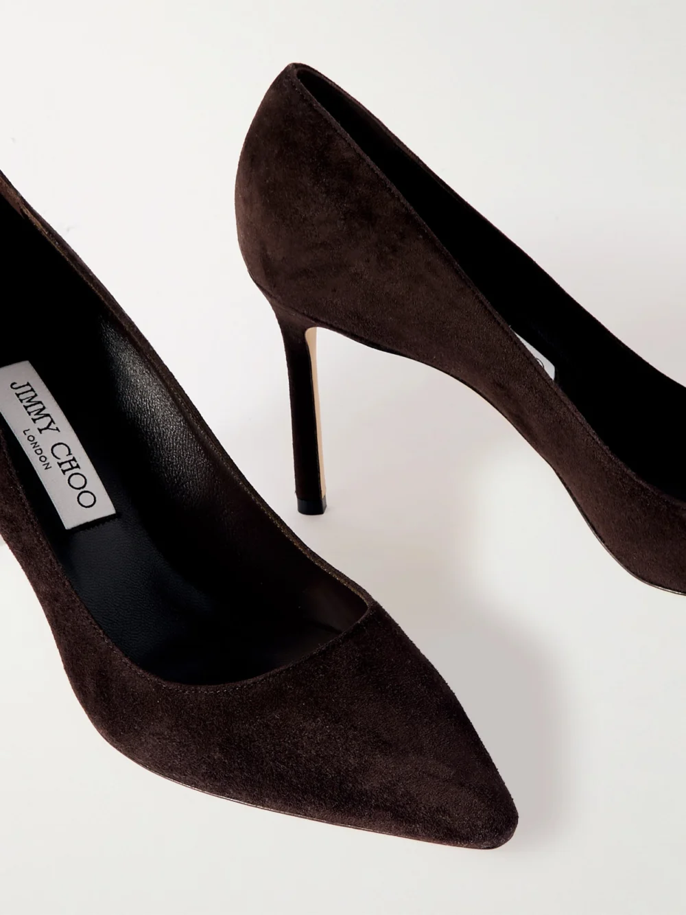 Close-up detail of the Jimmy Choo Romy 85 Suede Pumps