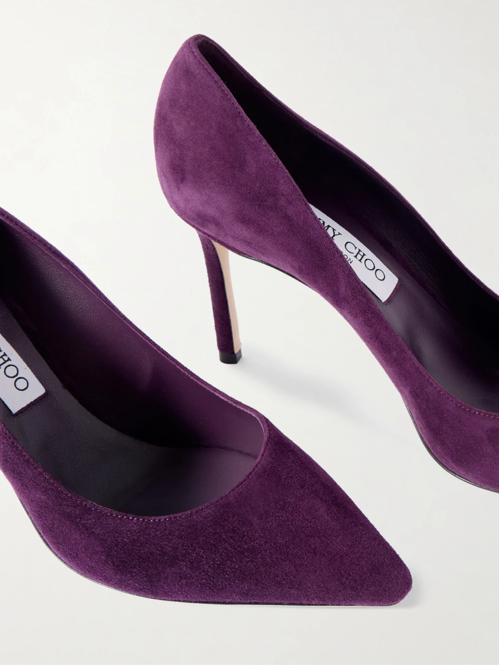 Close-up detail of the Jimmy Choo Romy 85 Suede Pumps