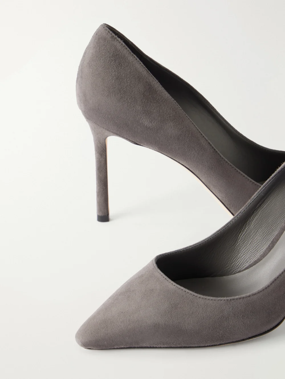 Close-up detail of the Jimmy Choo Romy 85 Suede Pumps