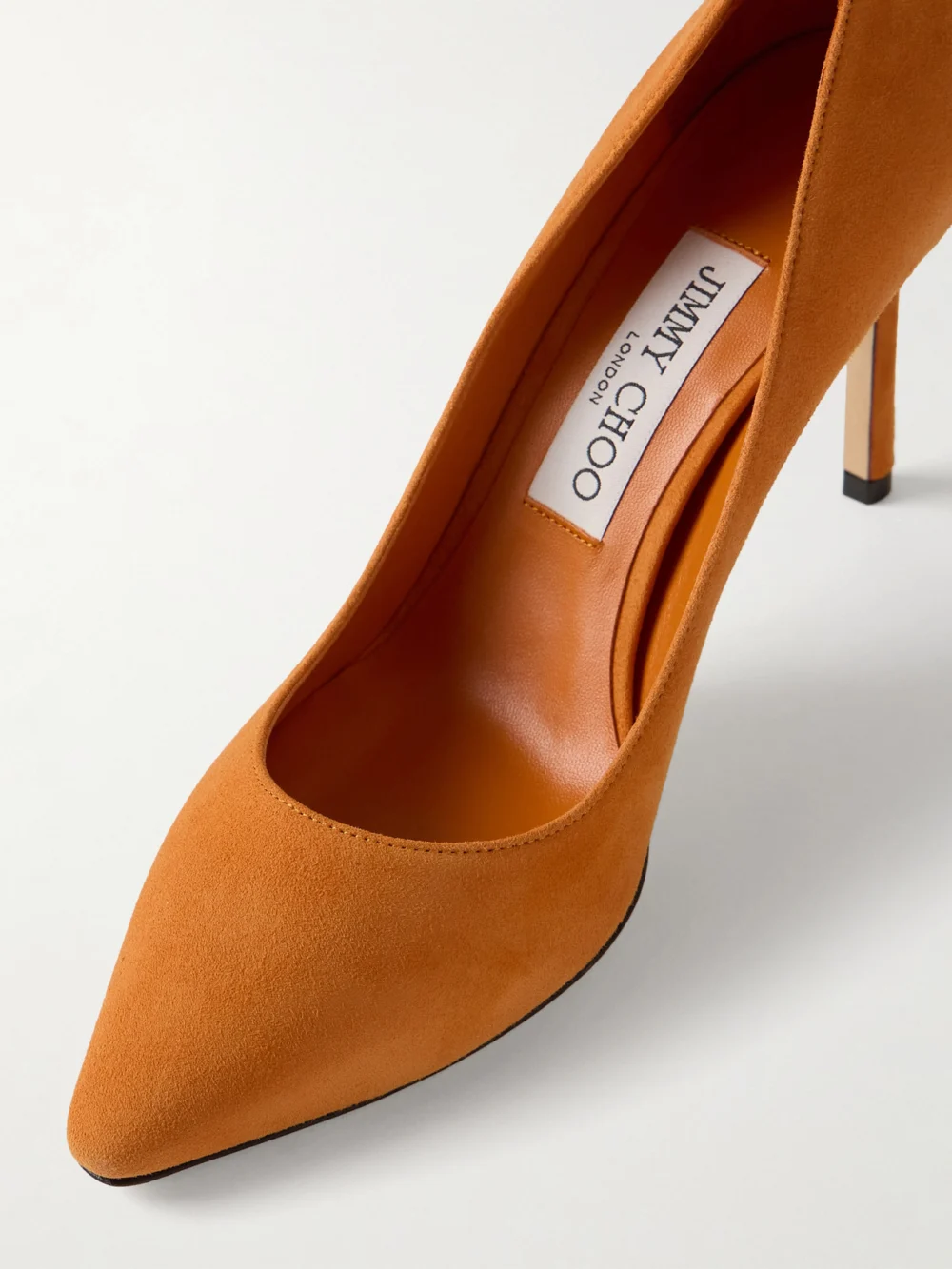Close-up detail of the Jimmy Choo Romy 85 Suede Pumps