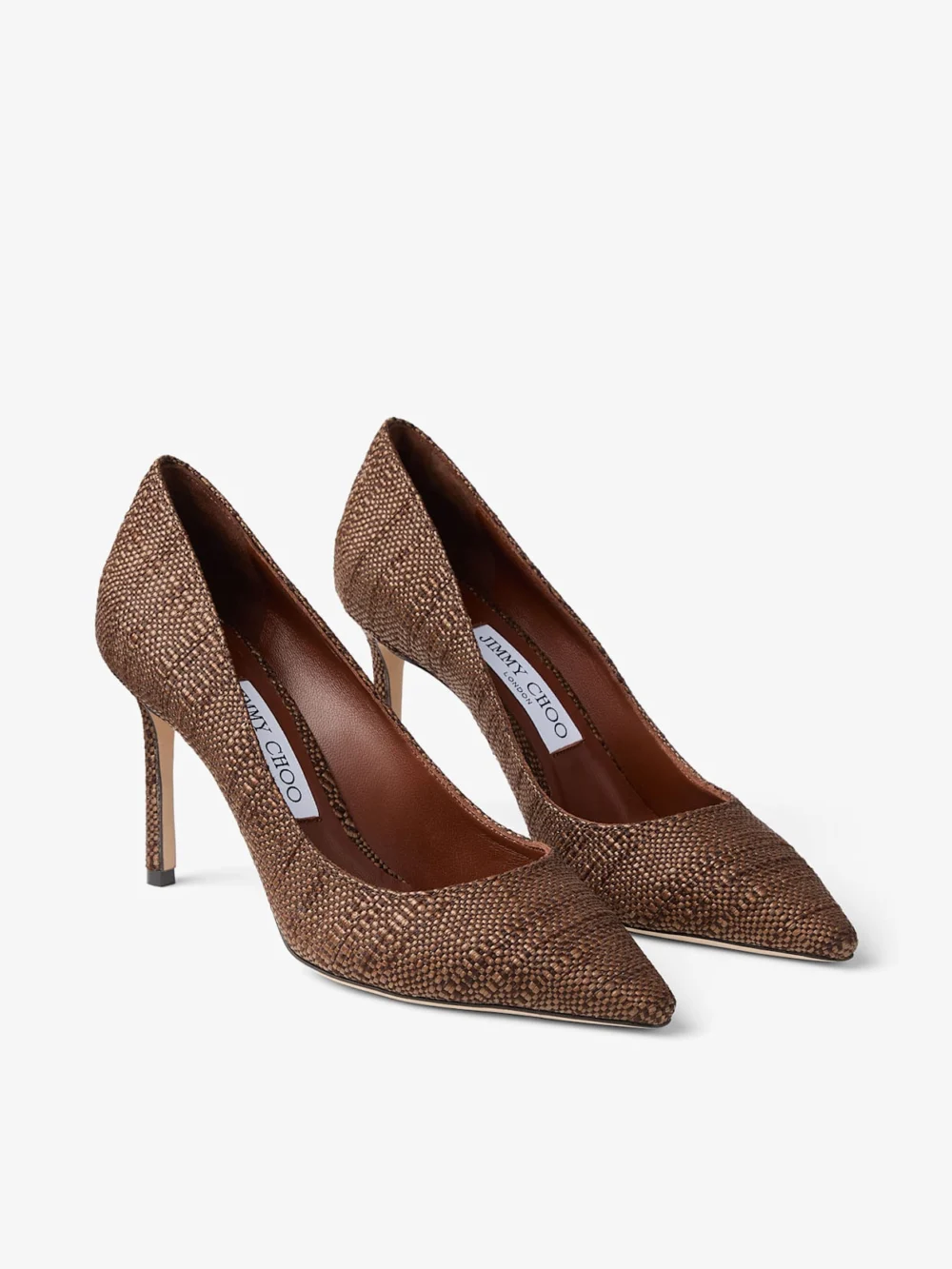 Close-up detail of the Jimmy Choo Romy 85 Tan Fine Raffia Pumps