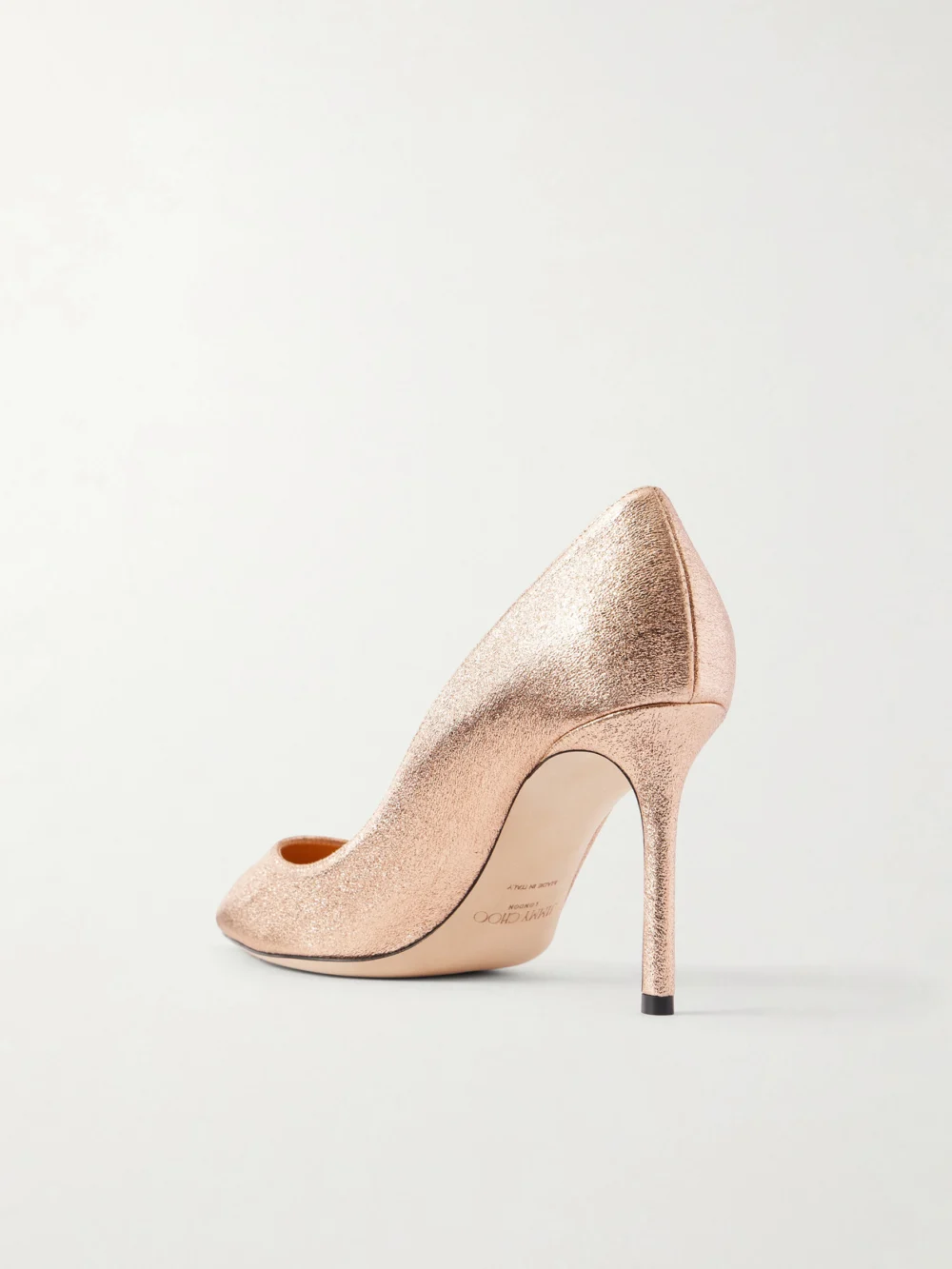 Back view of the Jimmy Choo Romy Macaron 85 Metallic Crinkled Leather Pumps