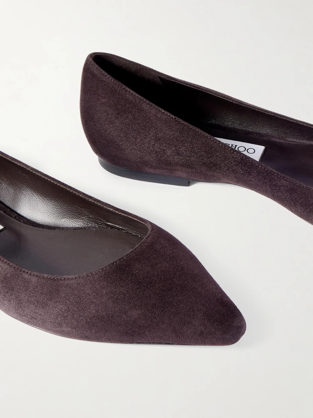 Close-up detail of the Jimmy Choo Romy Suede Point-toe Flats
