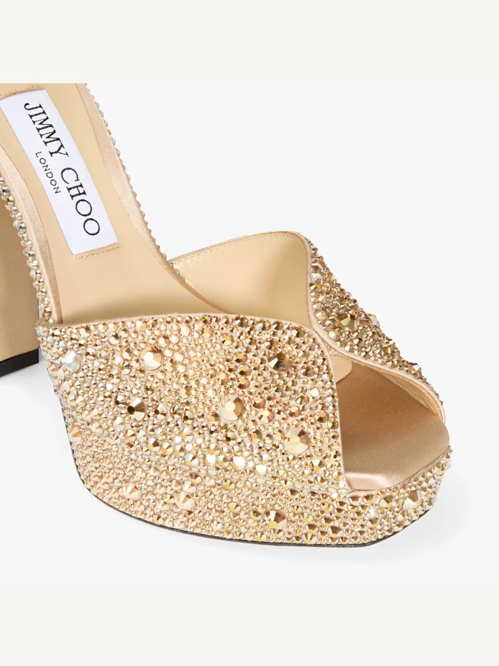 Back view of the Jimmy Choo Sacaria Platform 120 Gold Satin Platform Sandals with Dégradé Crystals