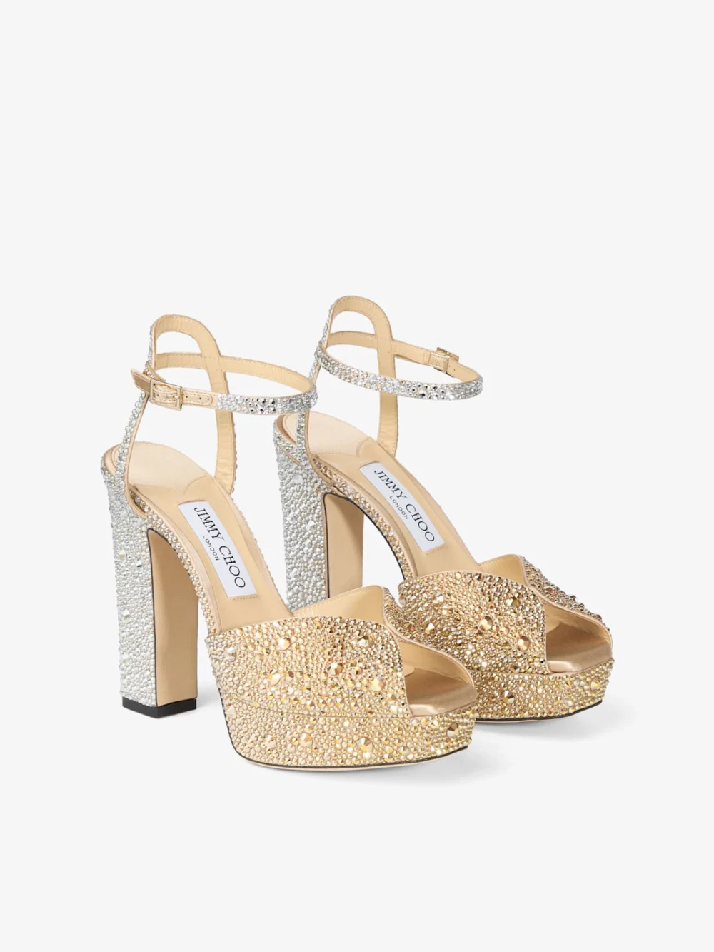 Close-up detail of the Jimmy Choo Sacaria Platform 120 Gold Satin Platform Sandals with Dégradé Crystals