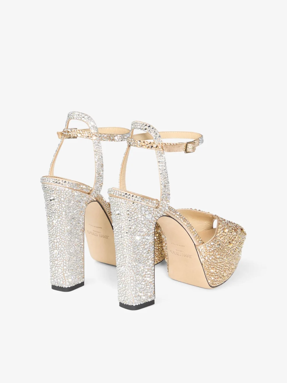 Jimmy Choo Sacaria Platform 120 Gold Satin Platform Sandals with Dégradé Crystals, another view