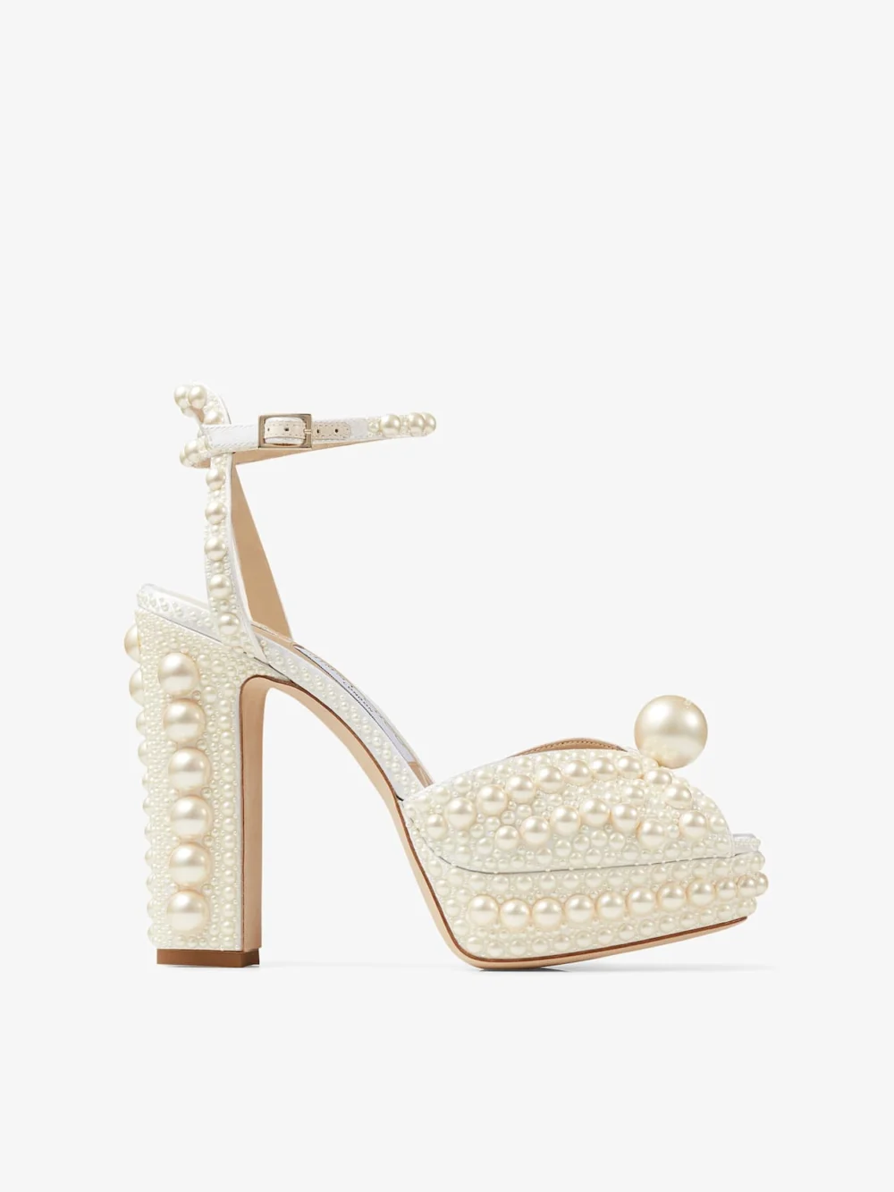 Jimmy Choo Sacaria Platform 120 White Satin Platform Sandals with All Over Pearl Embellishment in neutral