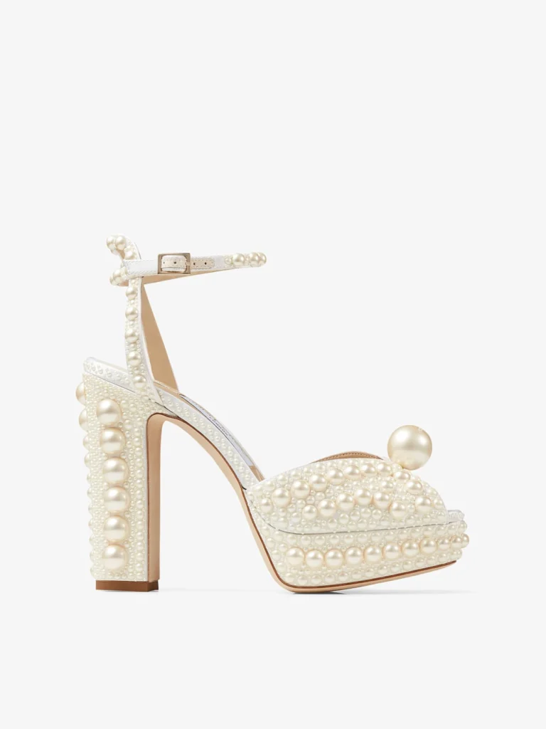 Jimmy Choo Sacaria Platform 120 White Satin Platform Sandals with All Over Pearl Embellishment