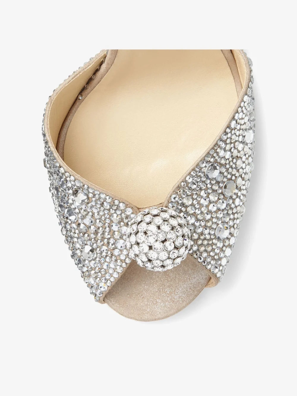 Close-up detail of the Jimmy Choo Sacora 100 Nude Suede Sandals with Hotfix Crystals and Sphere Detail