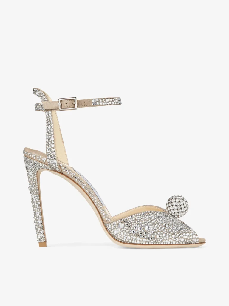 Jimmy Choo Sacora 100 Nude Suede Sandals with Hotfix Crystals and Sphere Detail