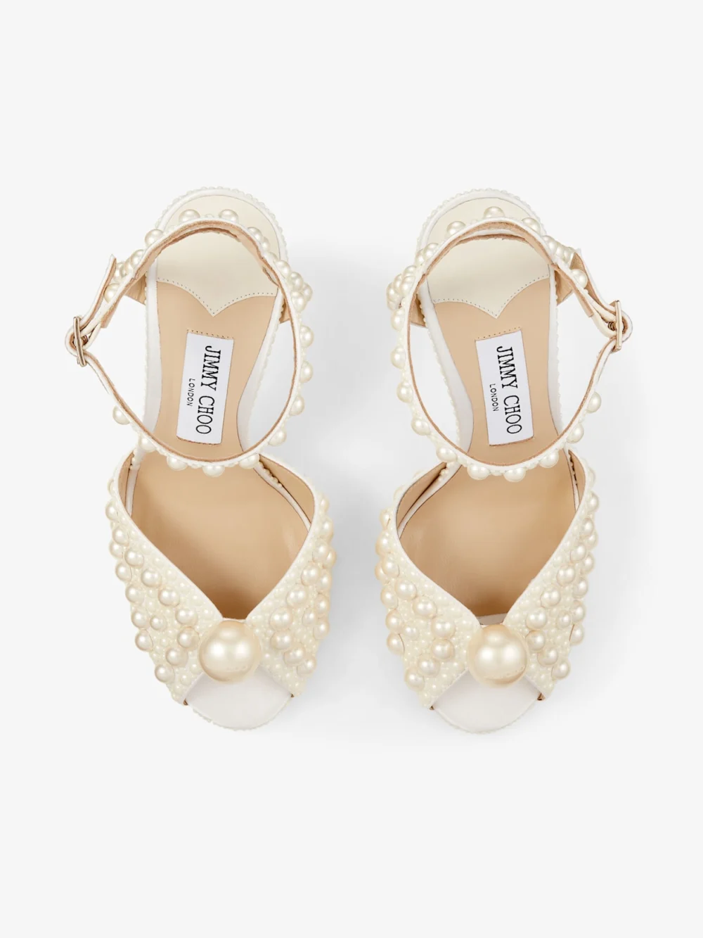 Back view of the Jimmy Choo Sacora 100 White Satin Sandals with All Over Pearls