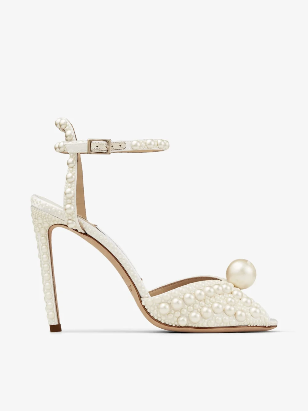 Jimmy Choo Sacora 100 White Satin Sandals with All Over Pearls in neutral