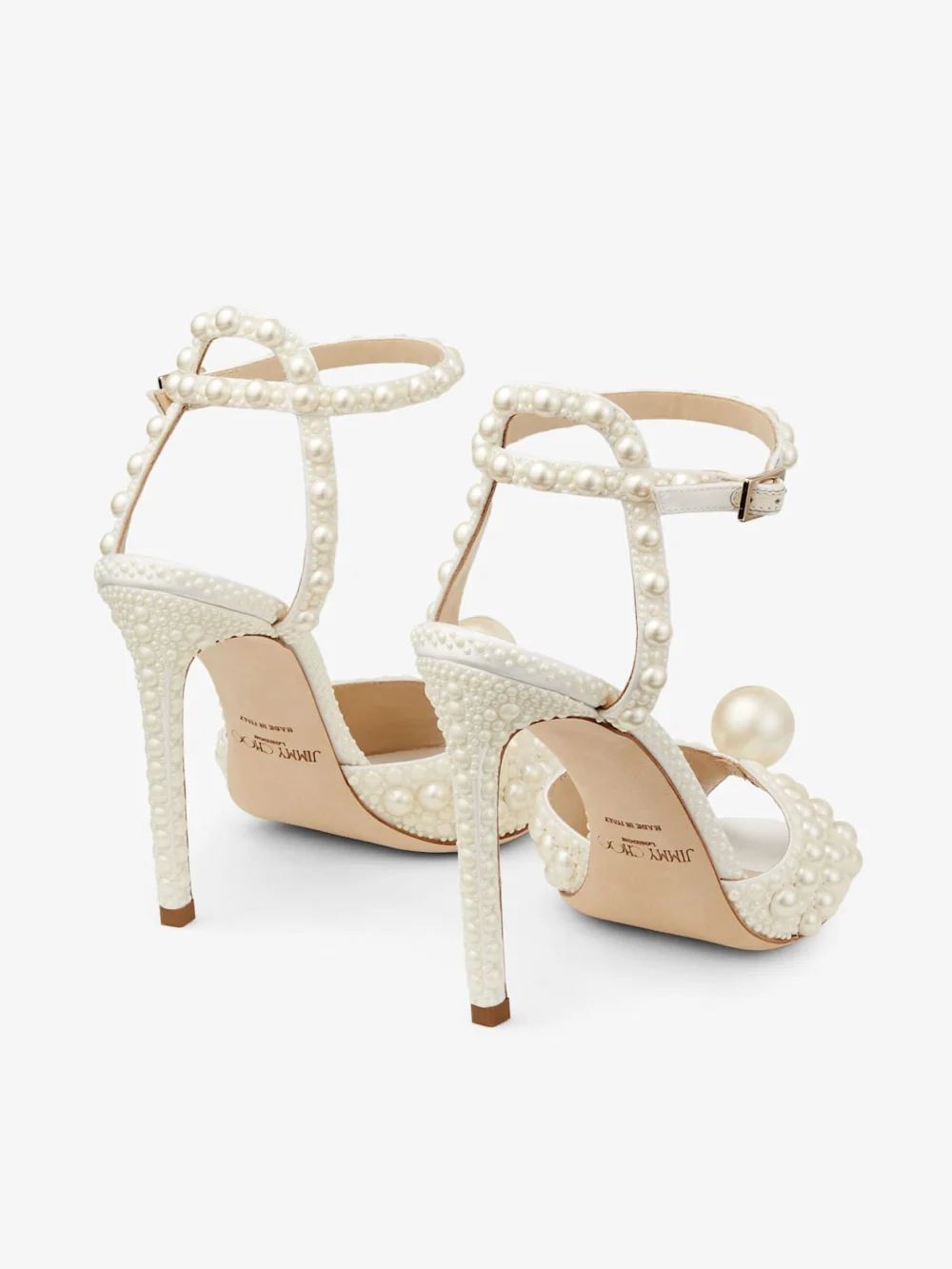 Jimmy Choo Sacora 100 White Satin Sandals with All Over Pearls, another view