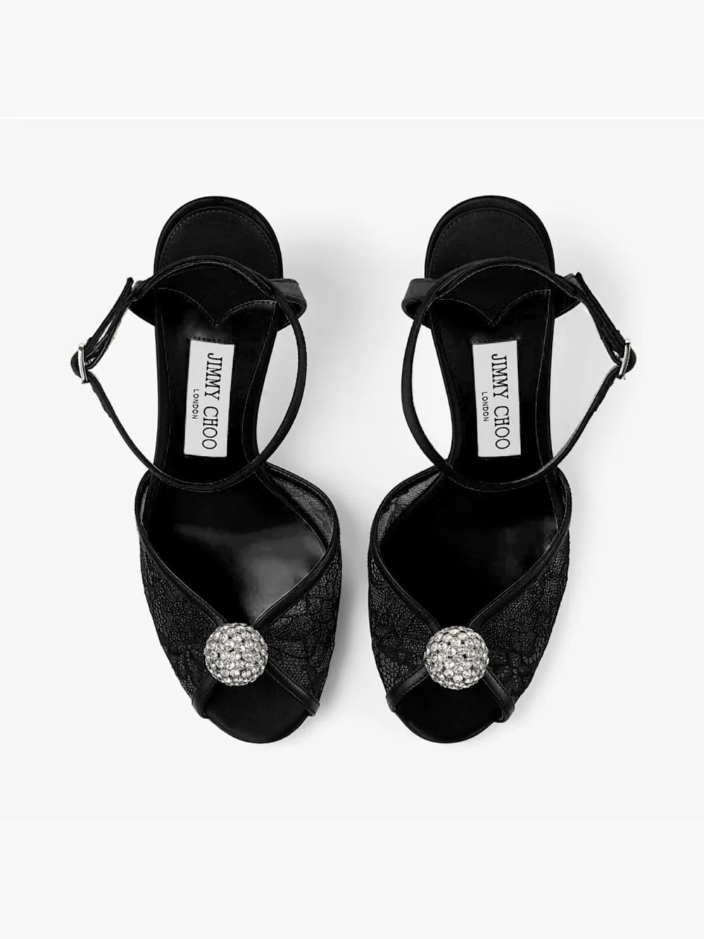 Back view of the Jimmy Choo Sacora 85 Black Lace Sandals with Crystal Embellished Sphere