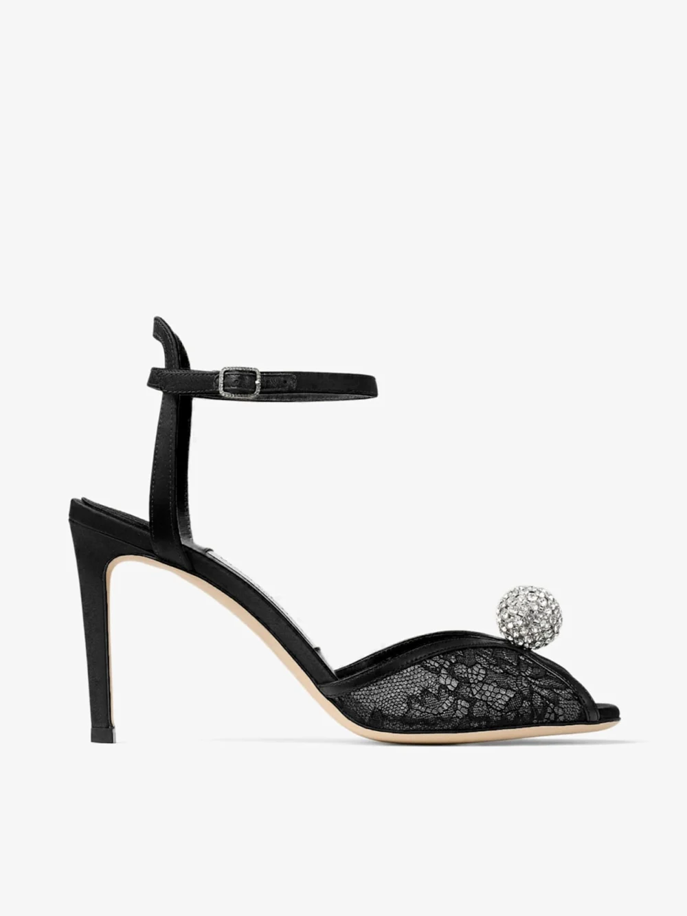 Jimmy Choo Sacora 85 Black Lace Sandals with Crystal Embellished Sphere in black