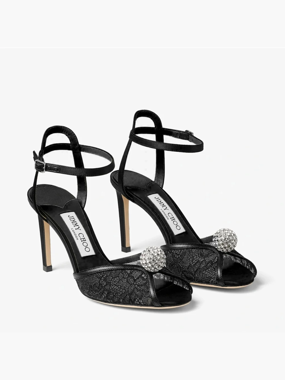 Side view of the Jimmy Choo Sacora 85 Black Lace Sandals with Crystal Embellished Sphere