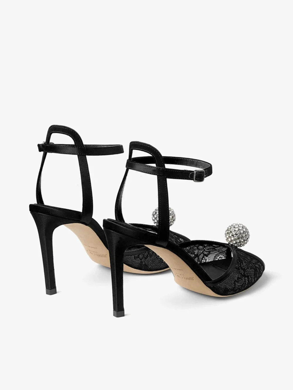 Jimmy Choo Sacora 85 Black Lace Sandals with Crystal Embellished Sphere, another view