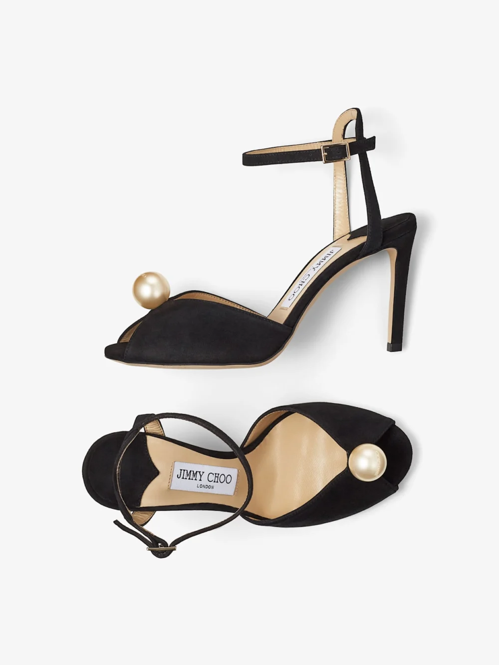 Back view of the Jimmy Choo Sacora 85 Black Suede Sandals with Pearl Embellishment