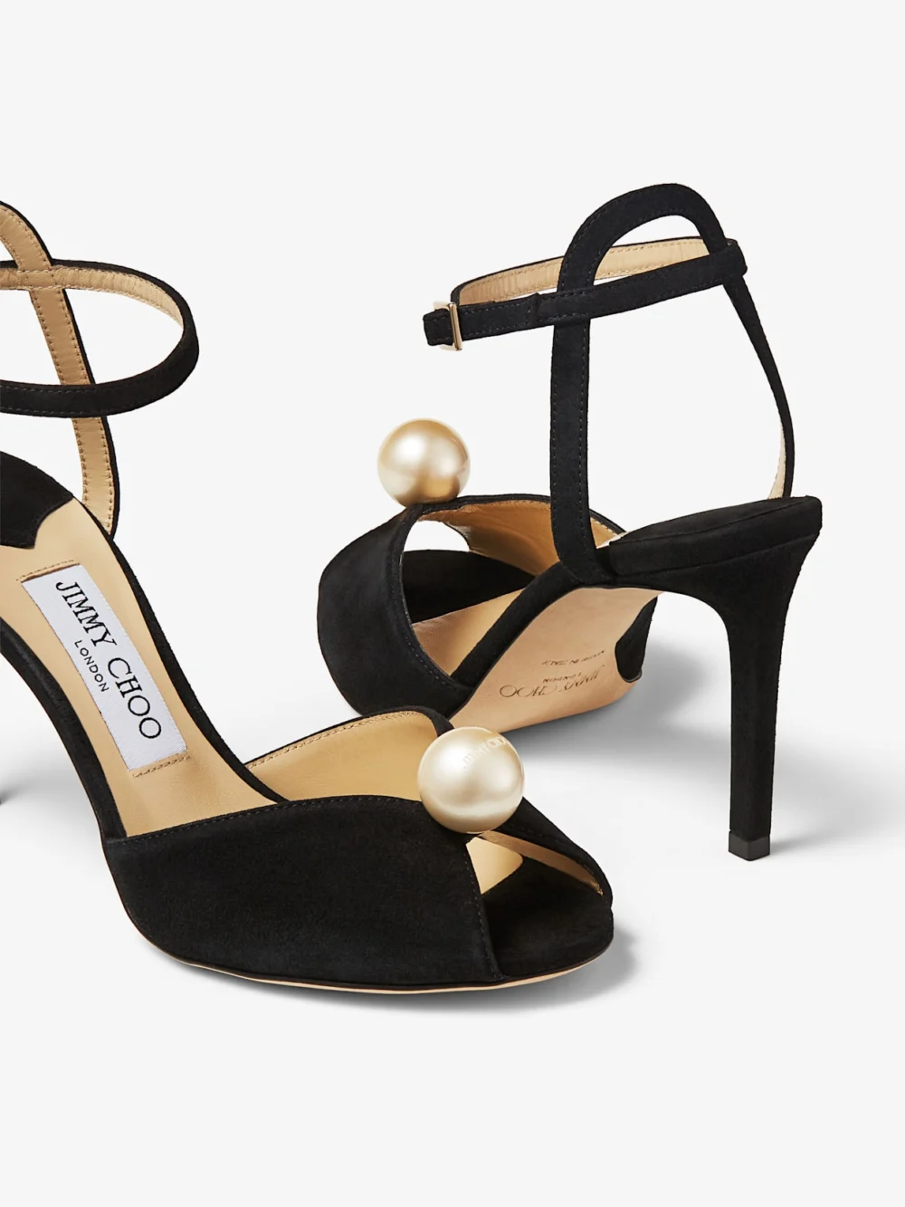 Close-up detail of the Jimmy Choo Sacora 85 Black Suede Sandals with Pearl Embellishment