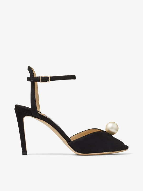 Jimmy Choo Sacora 85 Black Suede Sandals with Pearl Embellishment