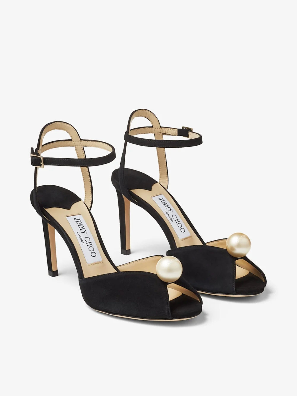 Side view of the Jimmy Choo Sacora 85 Black Suede Sandals with Pearl Embellishment