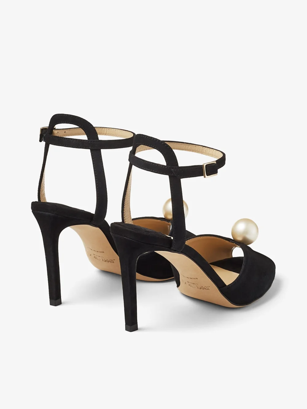 Jimmy Choo Sacora 85 Black Suede Sandals with Pearl Embellishment, another view