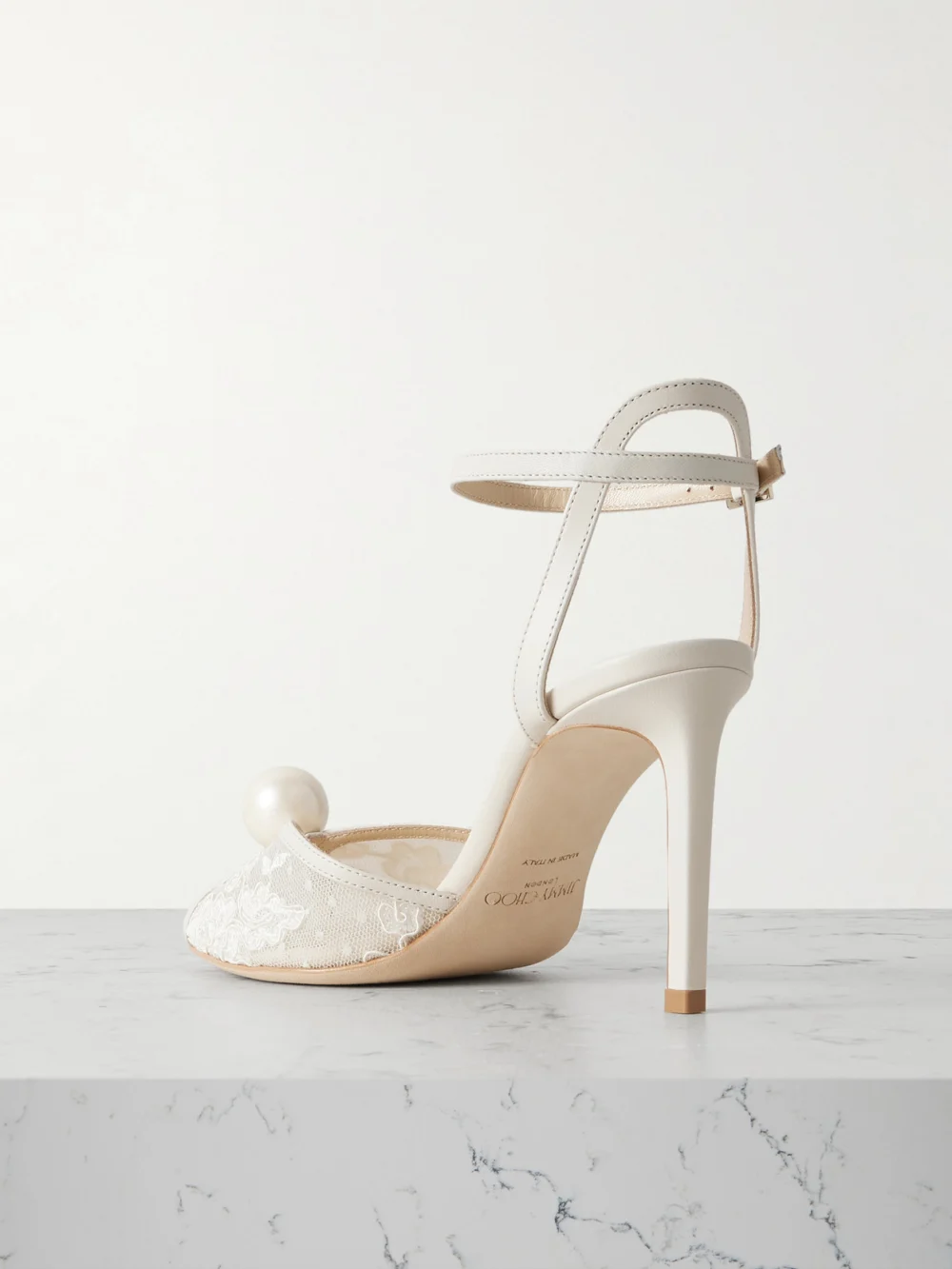 Back view of the Jimmy Choo Sacora 85 Embellished Leather-trimmed Lace Sandals