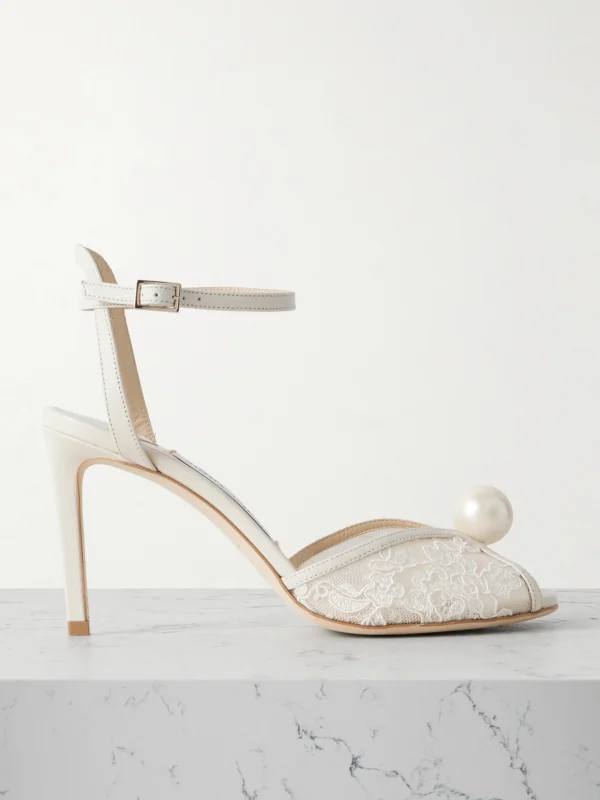 Jimmy Choo Sacora 85 Embellished Leather-trimmed Lace Sandals