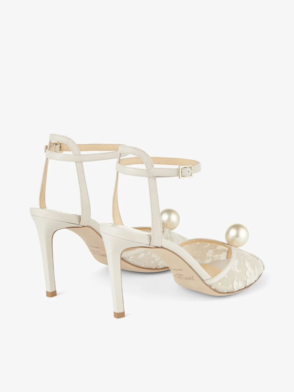 Back view of the Jimmy Choo Sacora 85 Ivory Floral Lace Sandals with Pearl Detail