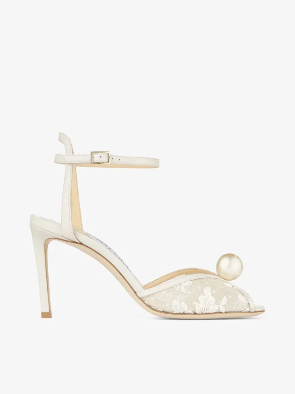 Jimmy Choo Sacora 85 Ivory Floral Lace Sandals with Pearl Detail