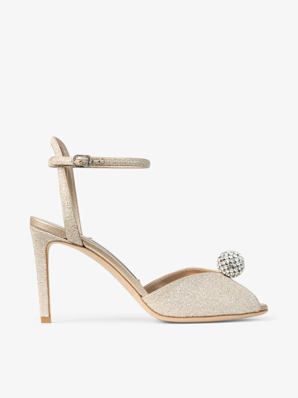 Jimmy Choo Sacora 85 Light Soft Gold Glitter Fabric Sandals with Crystal Sphere in light soft gold