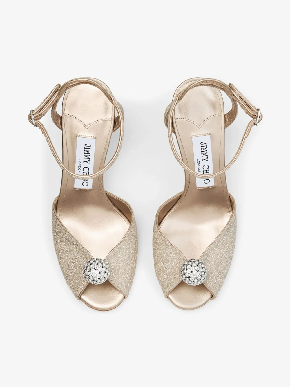 Jimmy Choo Sacora 85 Light Soft Gold Glitter Fabric Sandals with Crystal Sphere, another view