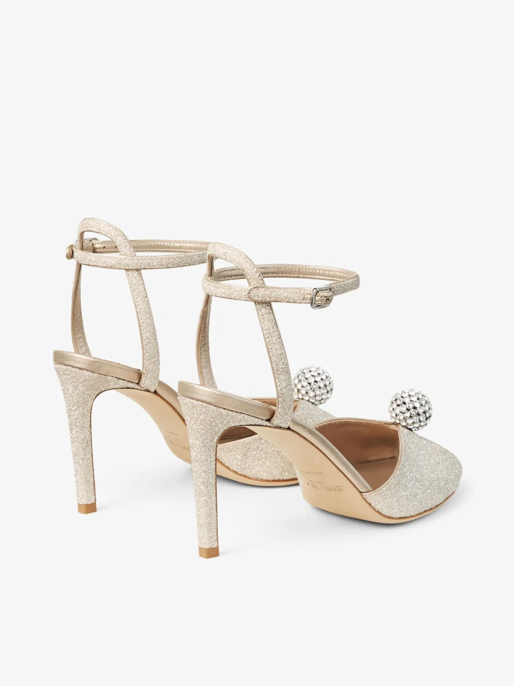 Jimmy Choo Sacora 85 Light Soft Gold Glitter Fabric Sandals with Crystal Sphere, another view