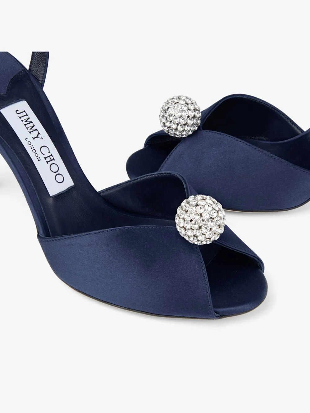 Back view of the Jimmy Choo Sacora 85 Marine Satin Sandals with Crystal Embellished Sphere