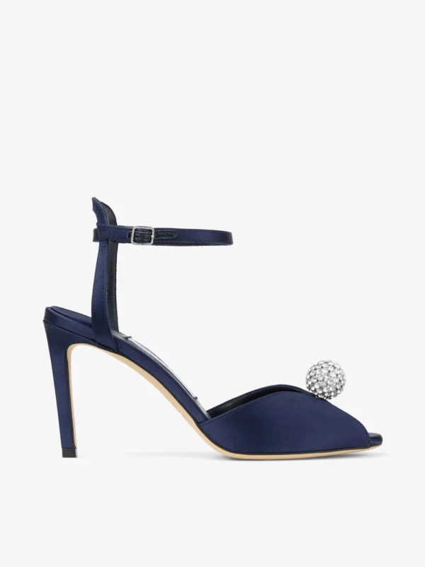 Jimmy Choo Sacora 85 Marine Satin Sandals with Crystal Embellished Sphere