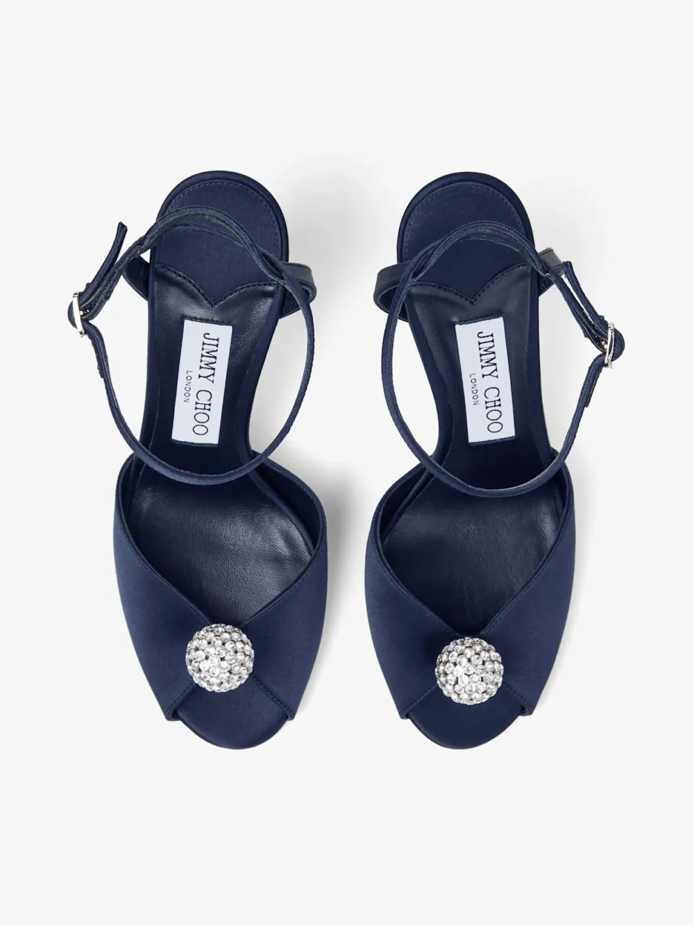 Jimmy Choo Sacora 85 Marine Satin Sandals with Crystal Embellished Sphere, another view