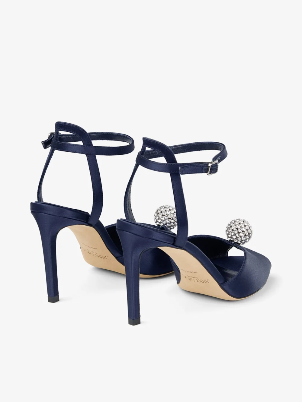 Jimmy Choo Sacora 85 Marine Satin Sandals with Crystal Embellished Sphere, another view