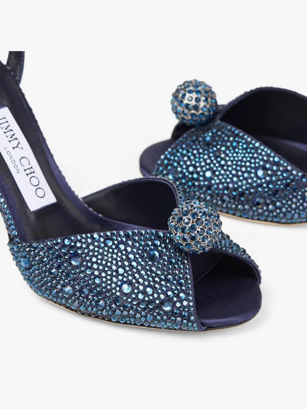 Back view of the Jimmy Choo Sacora 85 Marine Satin Sandals with Crystal Sphere